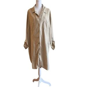 AKS Linen Blend Shirt Dress Size 2XL Button Front Oversized Casual Neutral